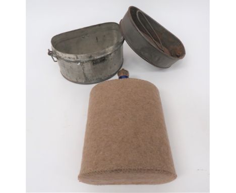 WW1 Pattern British Infantry Mess Tin And Waterbottlepressed steel, D shape mess tin. Â The lower section with wire handle. Â