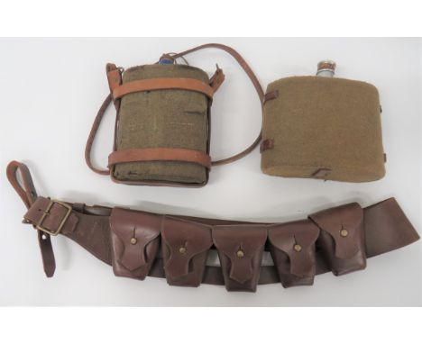 1903 Pattern Leather Bandolier And Two Waterbottlesconsisting brown leather, five pouch bandolier. Â South African made dated