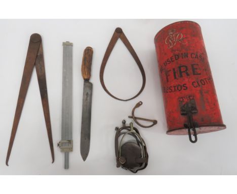 Small Selection Of Various Equipmentconsisting George VI , red painted canister "To Be Used In Case Of Fire Asbestos Cloth". 