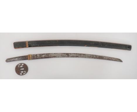 19th Century Japanese Wakizashi Short Sword With Signed Tang and Tsuba22 inch, single edged blade of typical form. Â Rear fla