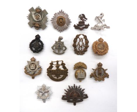 14 x Various Cap Badges Including Officerincluding silvered, gilt and enamel Royal Scots ... White metal Royal Sussex Reg ...