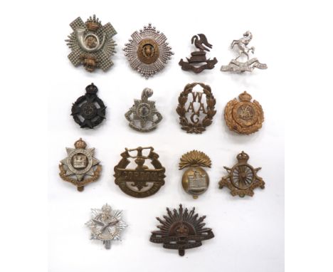 14 x Various Cap Badges Including Officerincluding silvered, gilt and enamel Royal Scots ... White metal Royal Sussex Reg ...