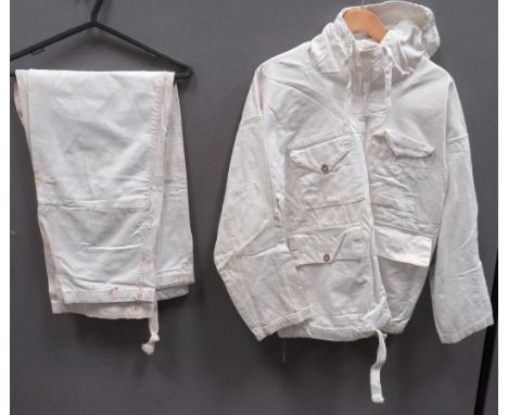 WW2 British Army Camouflaged Snow Smock And Trouserswhite, pull over smock with hood. Â Pleated chest pockets and lower patch