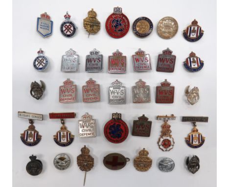35 x Various Civilian Lapel Badges including 10 x plated and enamel, KC W.V.S. Civil Defence, brooch fitting ... 2 x plated a