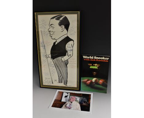 Snooker Interest -  The Ted Lowe Joe Davis caricature print, signed by seventeen players to the Whispering Ted Lowe in his re