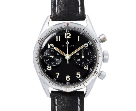 JUNGHANS Vintage Bundeswehr Flieger Chronograph. Ca. 1960er Jahre. Messing/Stahlboden, Boden signiert "Bundeseigentum, 12-124