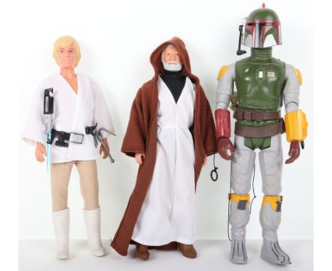 Three Loose Kenner Large Scale Vintage Star Wars Figures, Ben (Obi-Wan) Kenobi 12 inch figure , missing lightsaber, Boba Fett