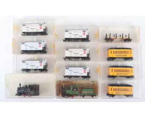 HOe gauge trains and rolling stock, Egger-Bahn Union Pacific 0-4-0 engine and tender, three Western union coaches, six Kaiser