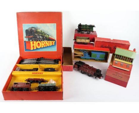 Hornby Series 0 gauge locomotive and rolling stock, No.2 LMS 6954 4-4-2 c/w tank engine, fair condition, lacks bogie wheels, 