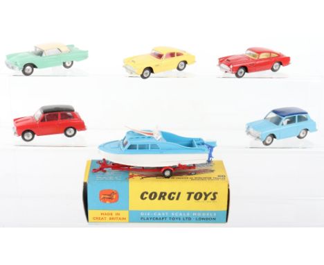 Boxed Corgi Toys 104 Dolphin 20 Cruiser on Wincheon Trailer, blue/white plastic boat, red trailer, flat spun wheel hubs, miss