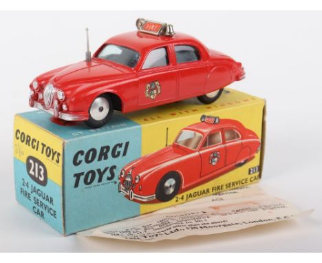 Corgi Toys 213 2.4 Litre Jaguar Fire Service Car, red body, chrome plated roof sign and bell, aerial, flat spun wheel hubs, i