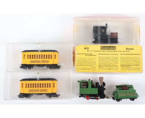 HOe gauge Egger-Bahn 0-4-0 Union Pacific engine and tender, two Western Union coaches and a 0-4-0 shunting engine, excellent 