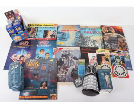 Collection of  Doctor Who Ephemera and Merchandise, including doctor themed t-shirts (L), 1985 doctor who Tardis inside out b
