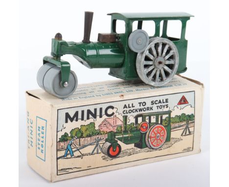 Boxed Tri-ang Minic  Steam Roller, green tinplate body, grey plastic roller/wheels  in fair original condition, missing key, 