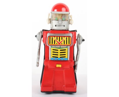 Yonezawa Talking Robot, Japan 1950s, red tinplate body, silver head and arms, white plastic ears and lithographed chest panel
