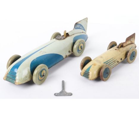 Chad Valley tinplate c/w Streamlined Racing car, finished in light grey and blue with Chad Valley to tail fin, working with k