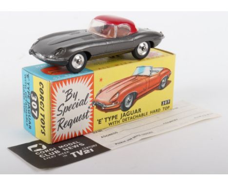 Corgi Toys 307 ‘E’ Type Jaguar, with detachable hard top, metallic grey body, red  hard top, tan interior, spun shaped wheel 