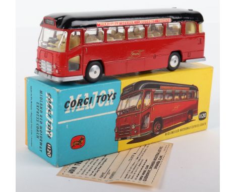 Corgi Major Toys 1120 Midland Red Motorway Express Coach, red body/black roof, cream interior, flat spun wheel hubs in near m