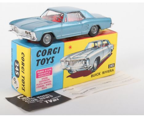 Corgi Toys 245 Buick Riviera, Trans -O-Lite headlamps, metallic steel blue body, red interior, cast wheel hubs, in mint origi