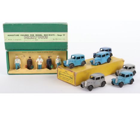 Dinky Toys Trade Box 35A Midget Saloon cars,2 x grey, 1 x mid blue, 3 x light blue, all with black rubber tyres, in fair to g