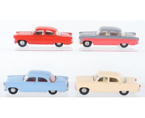 Four Unboxed Tri-ang 100 Ford Zodiac Spot On Models, red body, cream interior,  light blue body, red interior, dark grey over