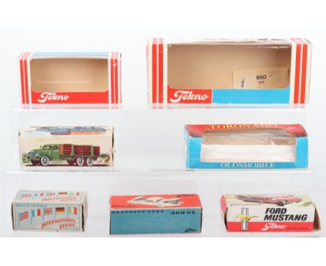 Five Original Empty Tekno Boxes, 819 outer window box VW Police Car,834 Mustang Coupe, with leaflet,925 Mercedes 300 SL, 933 