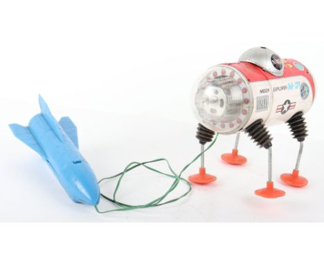Yonezawa tinplate battery operated NASA Moon Explorer, Japan 1950s, lithographed M-27 Explorer with clear plastic ends with e