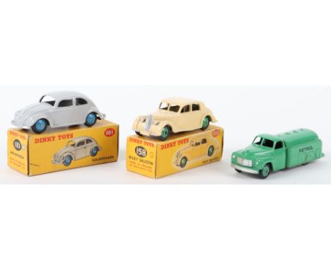 Three Dinky Toys, Boxed 158 Riley Saloon, cream body, mid green wheel hubs 40A on base, original box with lemon colour spot t