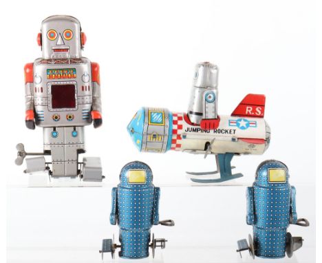 Four Japanese tinplate wind-up Robots, 1950s/60s, Yoneya Toys Jumping Rocket, RS Rocket and Robot pilot lithographed in vario