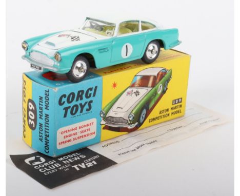 Corgi Toys 309 Aston Martin D.B.4 Competition Model, white/turquoise body, lemon interior, spun shaped wheel hubs, racing num