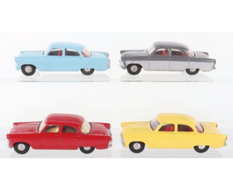 Four Unboxed Tri-ang 100 Ford Zodiac Spot On Models, red body, cream interior,  light blue body, red interior, dark grey over