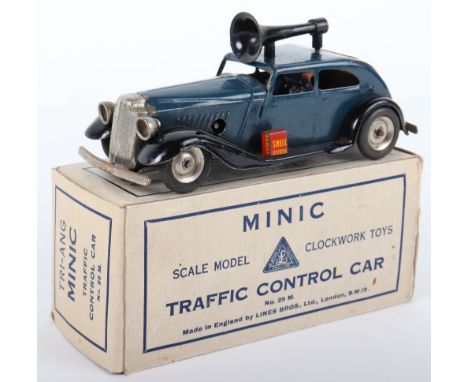 Tri-ang Minic Pre War 29M Traffic Control Tinplate Police Car, dark blue body, black wings, two lead police man figures, roof
