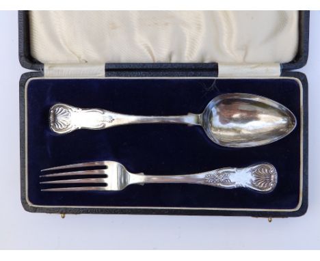 An Edinburgh silver christening spoon/fork set in case - M&amp;C 1838  (2)