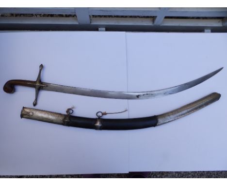 A 19thC Ottoman kilij with plain 31" curved blade in leather covered scabbard with white metal mounts, 37" overall - a/f.