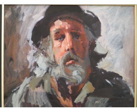 Robert O. Lenkiewicz - oil on canvas - Portrait of a grey-haired bearded man in black hat, from the Vagrancy Project, 20" x 2
