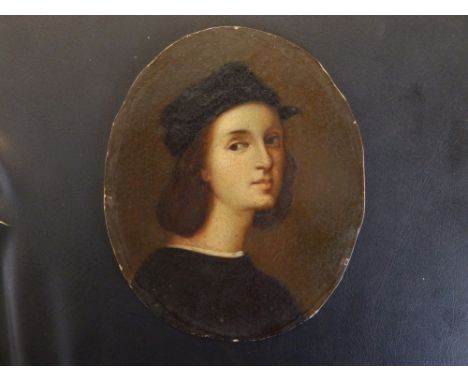 After Corregio - an unframed oval 19thC oil portrait of Raphael, 5.1" high.