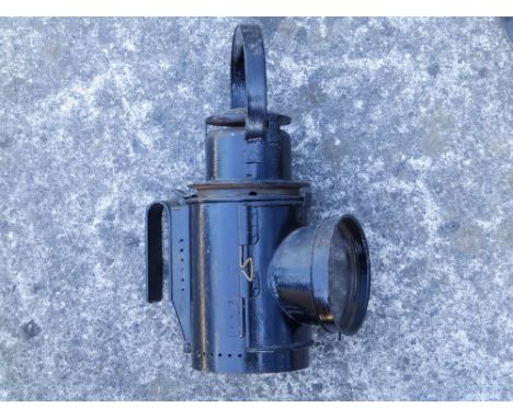 A LMS  hand lamp complete with sectional cut blue/red turning glazing and Lymlight No1 wick burner with stainless reflector.