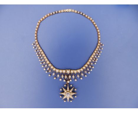 A late Victorian pearl &amp; diamond set fringe choker necklace with detachable star pendant, the necklace 14", the pendant  
