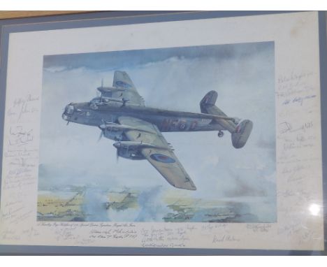 Of RAF interest; a colour print by Gleed depicting a Halifax of 138 Special Duties Squadron, signed by 46 airmen of various W