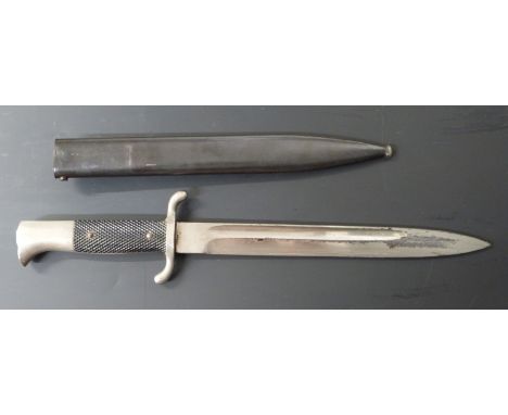 German Fireman's long pattern dress bayonet with blank pommel, S shaped quillon and 25cm fullered blade and scabbard stamped 