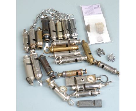 Twenty two mainly Scouts interest whistles including ACME Scout Master and Boy Scout, EMCA Boy Scouts with compass, ACME Girl
