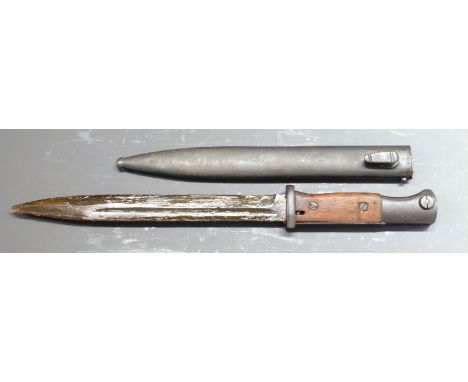 German 84/98 pattern bayonet with flashguard, 6080 11FFC to ricasso, 25cm fullered blade and 5178. G/7969 to scabbard