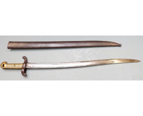 French 1842/59 pattern sabre bayonet with internal coiled spring, brass grips and steel crosspiece, some clear stamps, 1862/ 