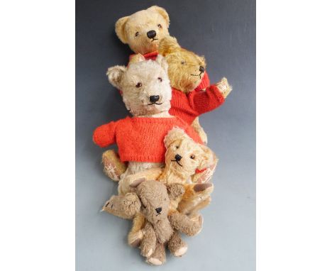 Five vintage blonde mohair Teddy bears including one Merrythought Cheeky style, one with growler etc, largest 45cm tall.&nbsp