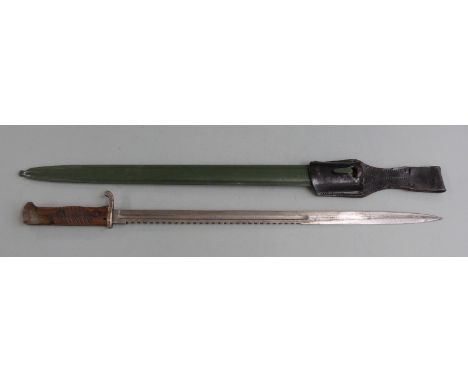 German S98 pattern sawback bayonet, some clear stamps, regimental marks 118.R.31 to crosspiece, 52cm sawback blade with scabb