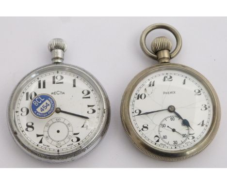 Two British Railways keyless winding open faced pocket watches, one a Phenix Southern region example, the other Recta Scottis