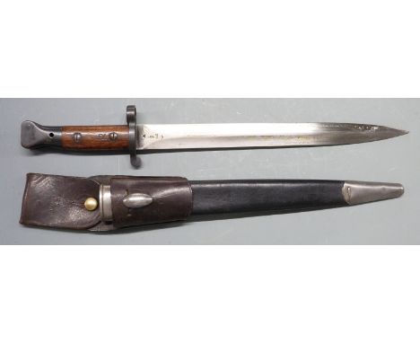 British 1888 pattern bayonet, Mk3 with some clear stamps to ricasso and stamped 78 to grip,&nbsp;30cm blade,&nbsp;with scabba