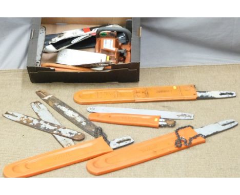 Husqvarna 335X PT chainsaw (no cutter bar or chain fitted) and eight chainsaw cutter bars, some with chains