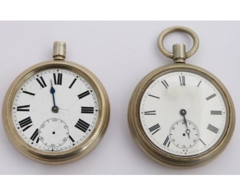 Two London Midland and Scottish railway keyless winding open faced pocket watches each with subsidiary seconds dial, black Ro