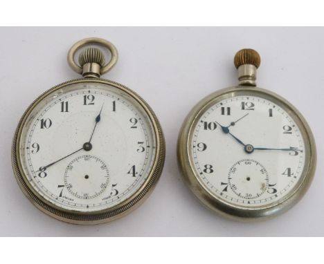 Two British Railways Midland region keyless winding open faced pocket watches, both with subsidiary seconds dial, black Arabi